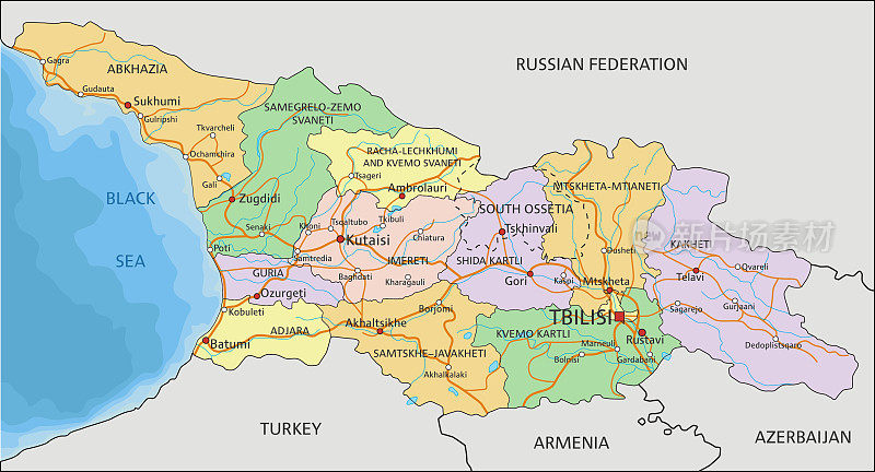 格鲁吉亚-高度详细的可编辑的政治地图与标签。