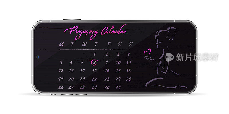 网页或怀孕计划模板。手机上有每月的怀孕日历和一个年轻怀孕女孩的轮廓线素描，白色背景上有一颗心。