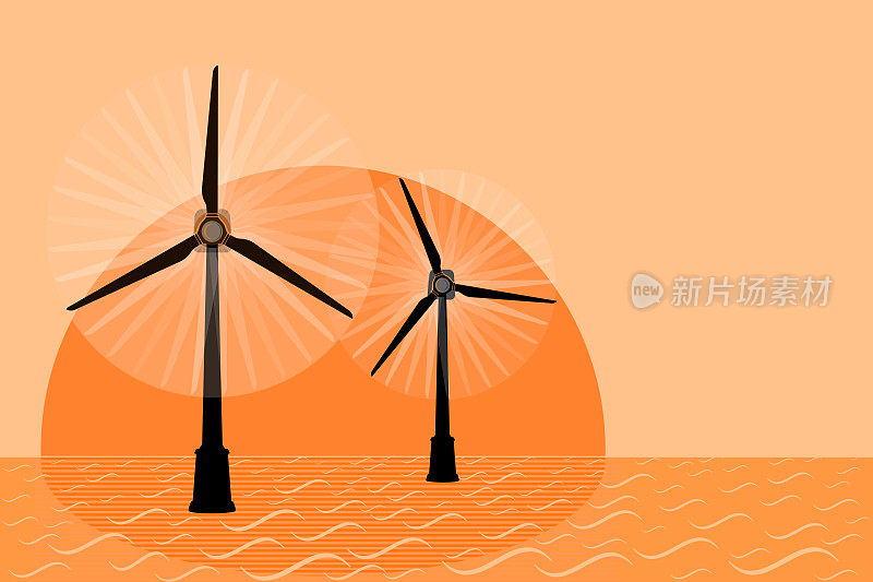 日落时分海上的风力涡轮机农场