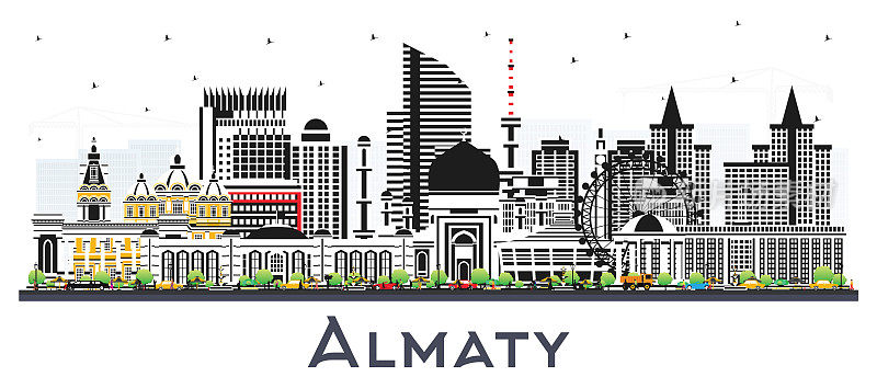 阿拉木图哈萨克斯坦城市天际线与彩色建筑孤立在白色。矢量插图。阿拉木图城市景观与地标。
