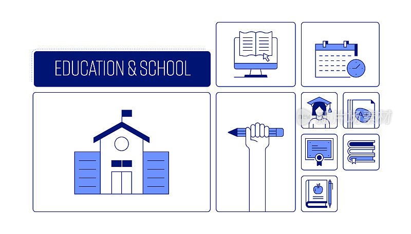 教育和学校相关的矢量横幅设计概念，现代线条风格与图标