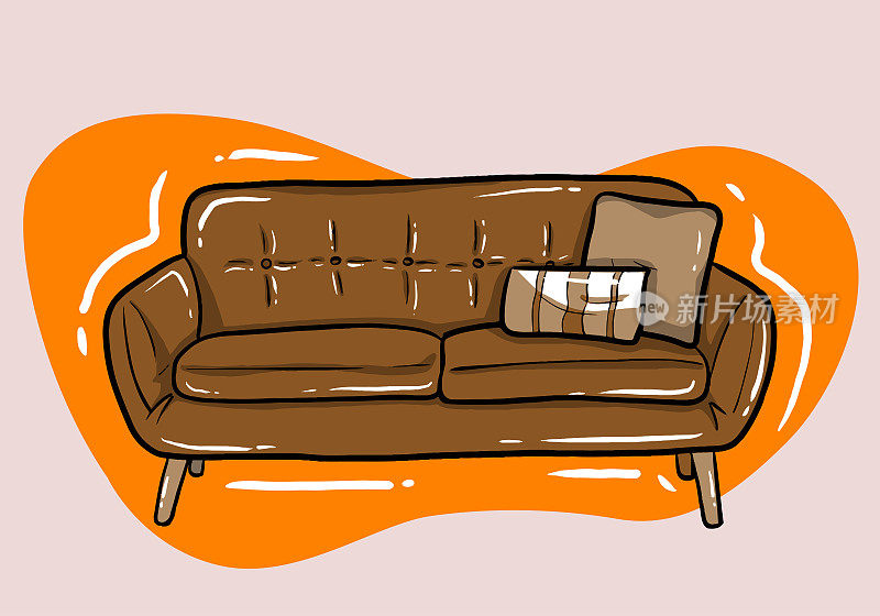 客厅内部棕色沙发。卡通平面风格插图。可作为海报、文章、印刷品使用。光栅的版本。