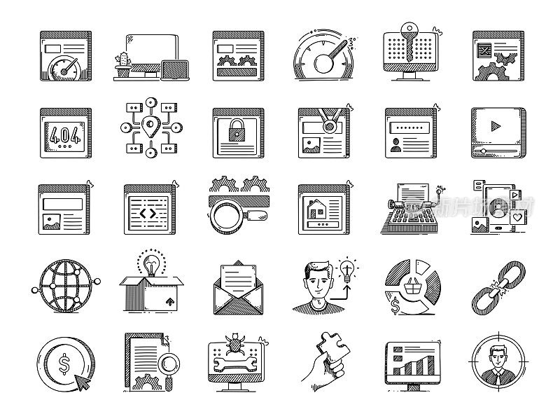 搜索引擎优化手绘矢量涂鸦线图标集