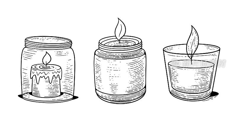 家里的蜡烛放在玻璃里。手绘线条艺术标志家居装饰元素对象。黑色矢量插图。