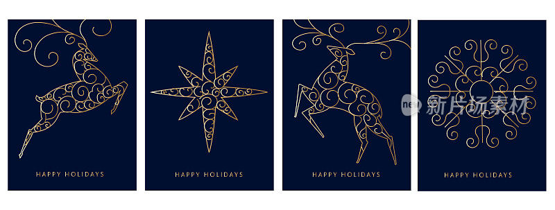 节日快乐祝福设计金色卷发和装饰抽象鹿，雪花，星星