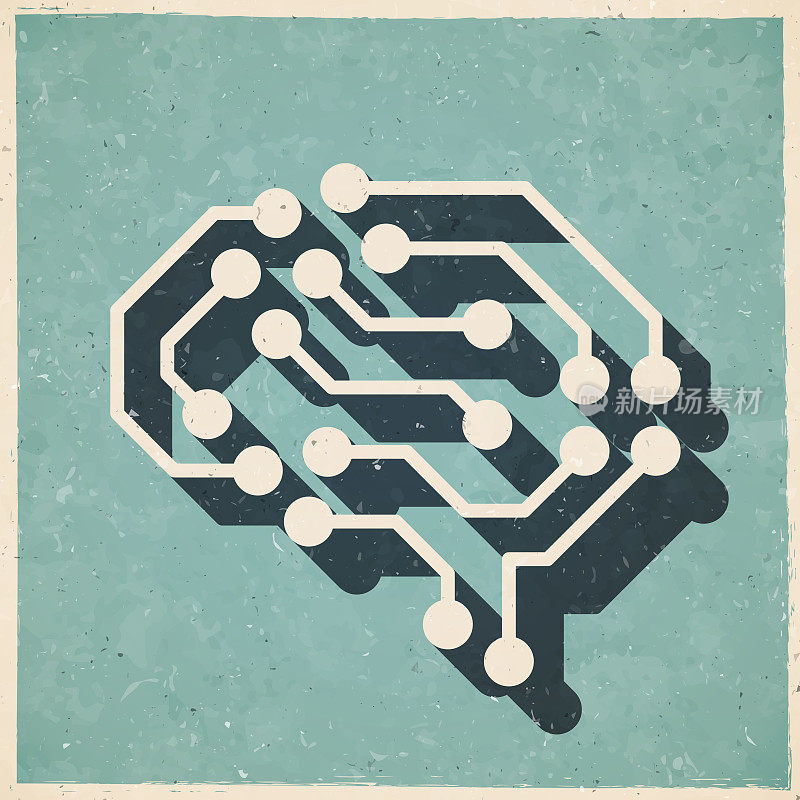 带有电路板的人工智能大脑。图标复古复古风格-旧纹理纸