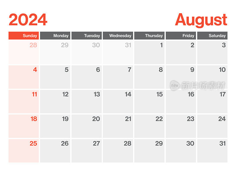 2024年8月-日历规划师。极简风格的景观水平日历2024年。向量模板。一周从周日开始