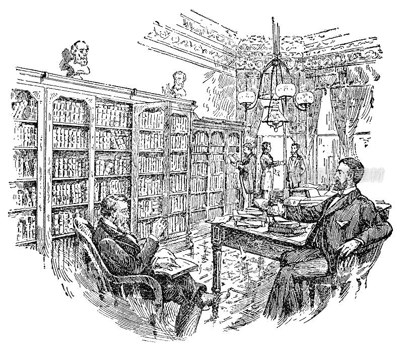 19世纪，美国纽约州布法罗的荣军酒店和外科学院私立医院(皮尔斯宫)的医学图书馆和会议室