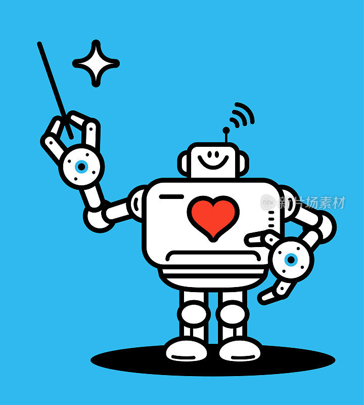 人工智能机器人，手持指针棒的爱心符号，爱与科技的概念