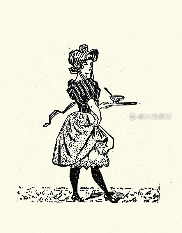 复古插图，年轻女子在托盘上拿着杯子，展示衬裙，青年风格，新艺术风格，德国19世纪90年代