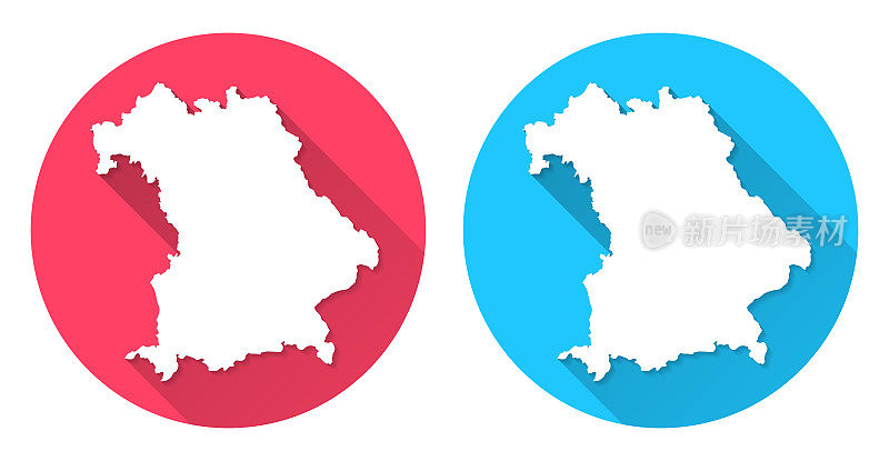 巴伐利亚州地图。圆形图标与长阴影在红色或蓝色的背景