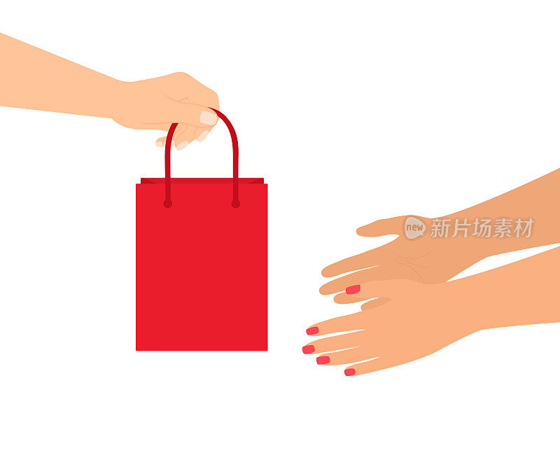男手将红色购物袋递给女手。圣诞礼物，生日礼物和情人节礼物的概念