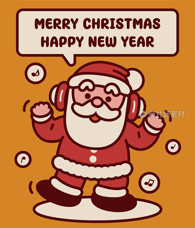 可爱的圣诞老人戴着耳机跳舞，祝你圣诞快乐，新年快乐