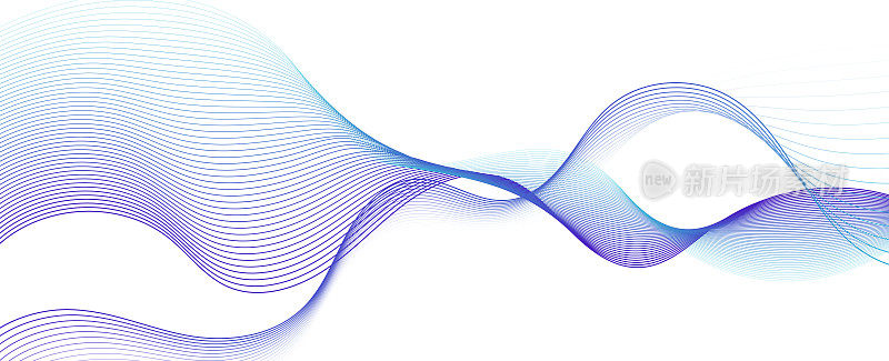 抽象的蓝色，绿色和紫色平滑流动的波浪线在白色的背景。动态声波元件设计。