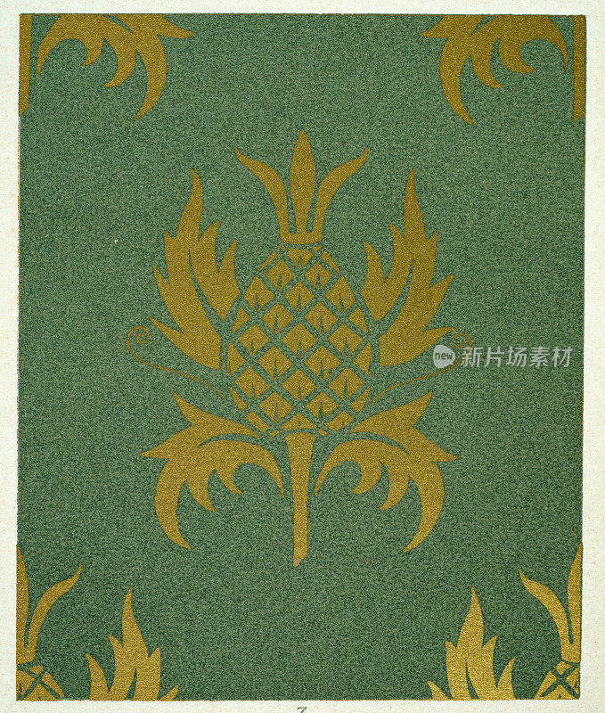 纹章符号，绿色背景上的金菠萝，中世纪风格的多色装饰，历史装饰艺术