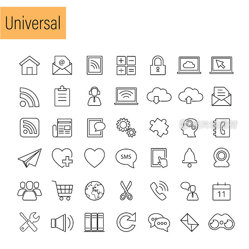 通用互联网图标集。商务和办公图标。一行