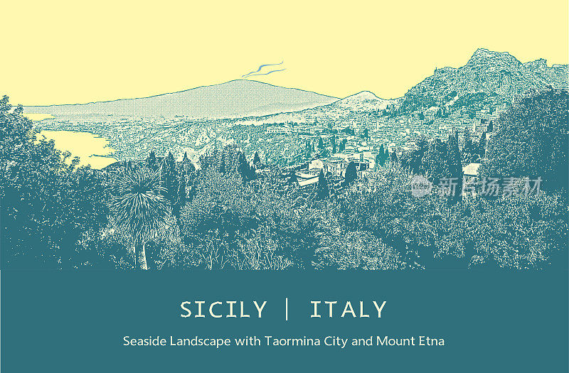 意大利西西里岛的陶尔米纳市和埃特纳火山的海滨景观。矢量插图。