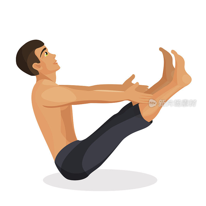 男孩练习瑜伽navasana姿势，握住他的手和腿