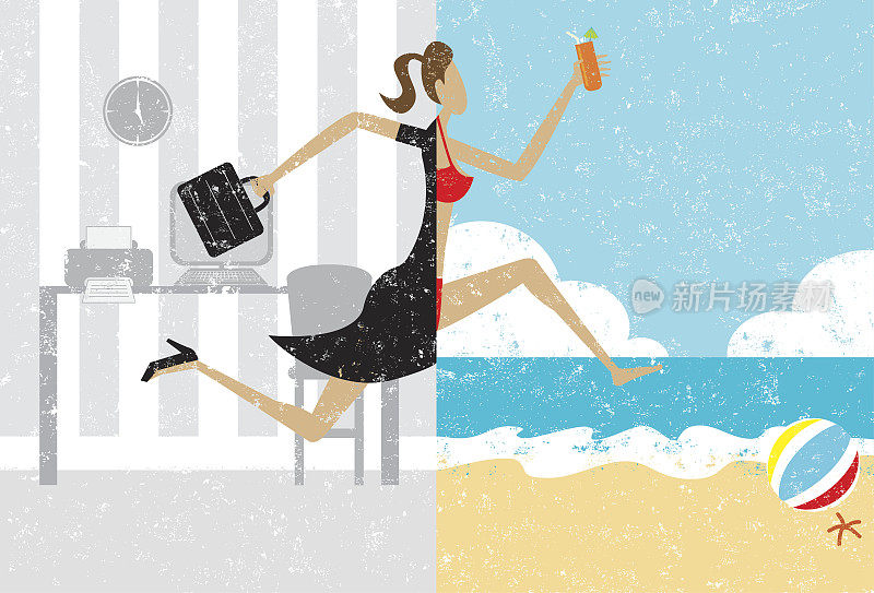 女人从办公室跳到海滩的漫画