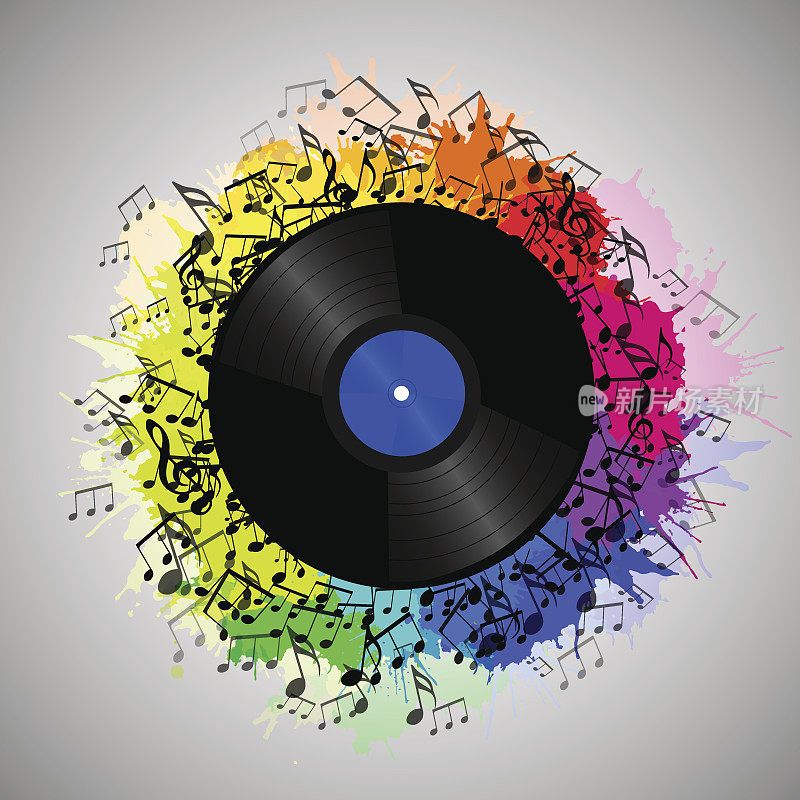 插图的黑胶唱片与音乐音符和彩虹水彩飞溅。