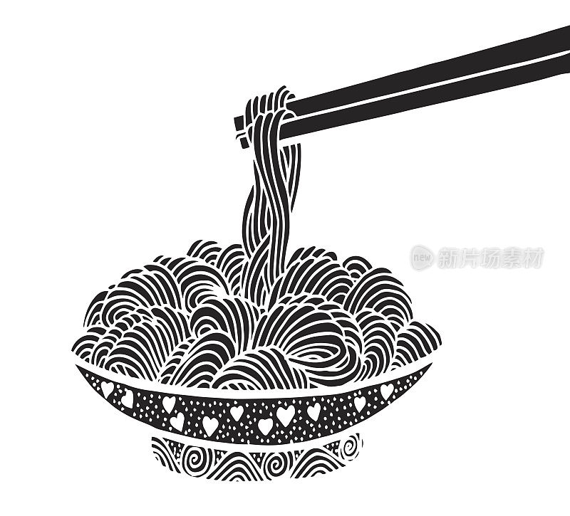手画的涂鸦面条在碗和棍子。-面条，意大利面，亚洲小麦面条，早餐，晚餐