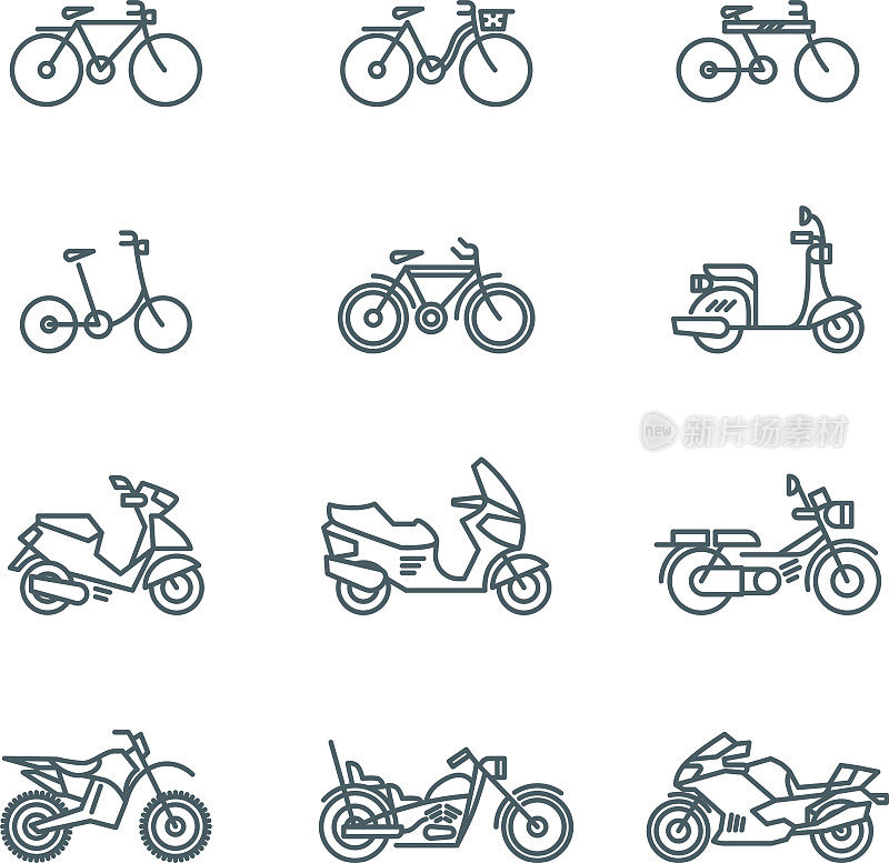 摩托车，摩托车，踏板车，自行车，自行车细线矢量图标