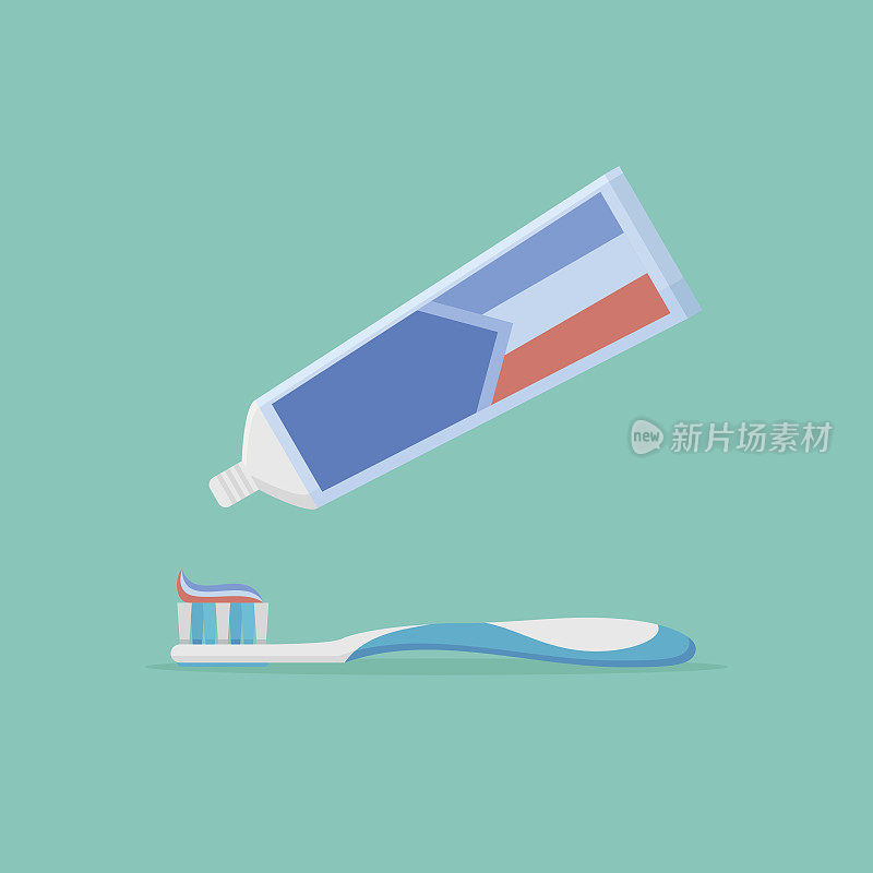 挤出牙膏到牙刷上。平面风格矢量插图。