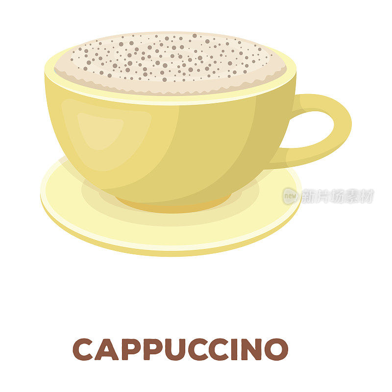 一杯卡布奇诺。不同类型的咖啡单图标在卡通风格矢量符号股票插图web。
