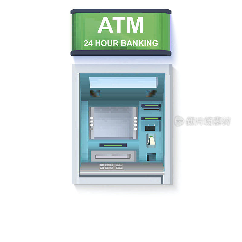 银行的现金机器。自动柜员机-自动柜员机的空白屏幕和精心绘制的细节在白色背景。宣传单、封面、演示文稿或海报的模板