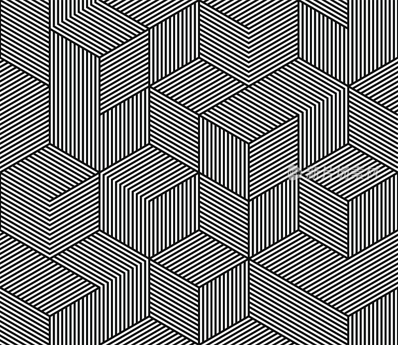 无缝矢量图案纹理与抽象六边形网格三维立方体结构。
