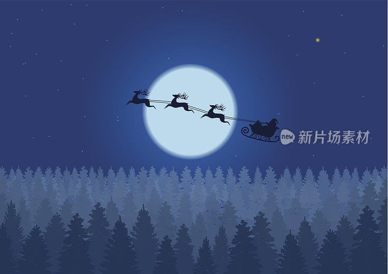 圣诞老人在圣诞森林下飞过夜空。圣诞老人驾着雪橇在夜晚的大月亮附近的树林里行驶。