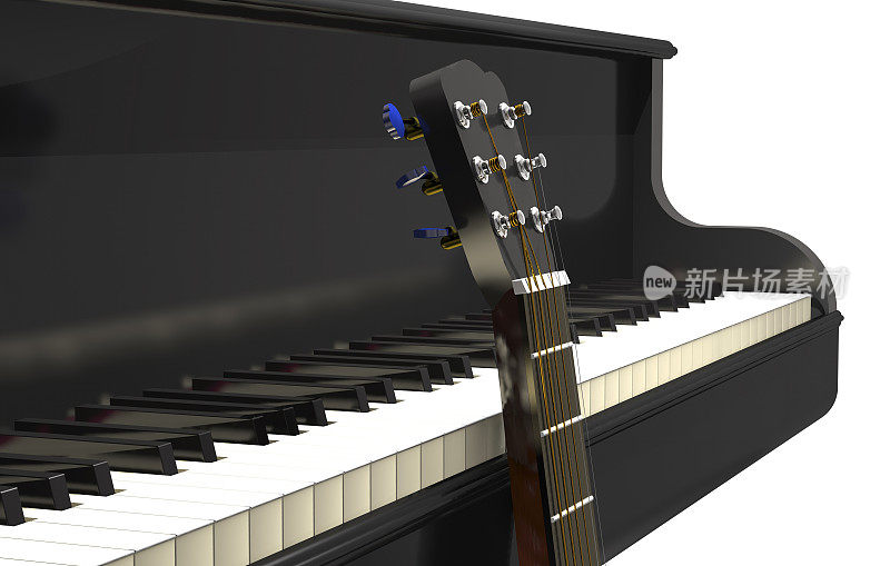 原声吉他和古典三角钢琴(3d插图)。