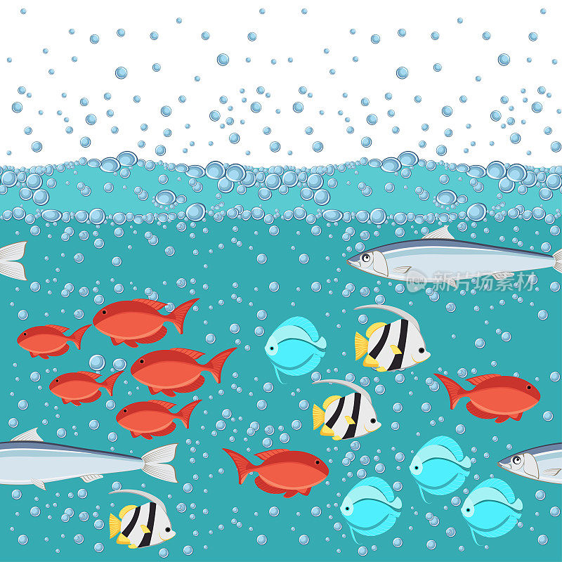卡通风格的鱼在海洋与水气泡2d无缝图案。