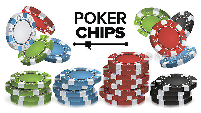 赌场筹码堆栈向量，3D逼真。彩色扑克游戏筹码标志插图