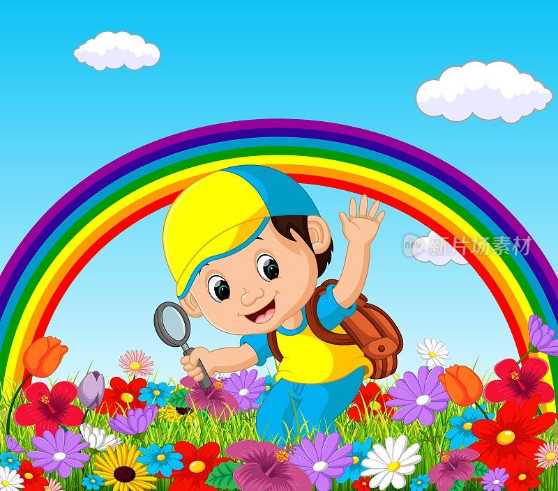 可爱的男孩拿着放大镜在一个有彩虹的花园里