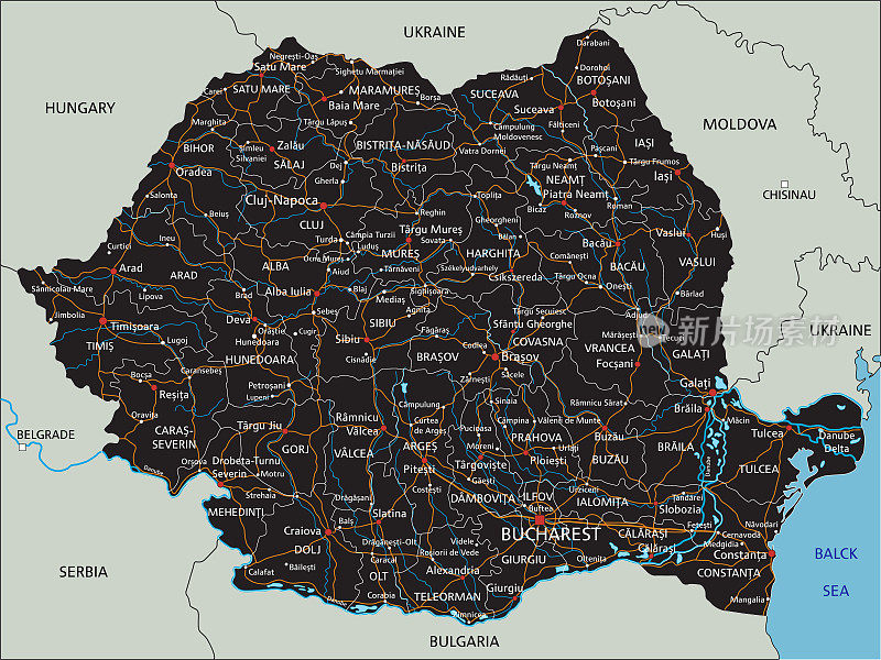 高度详细的罗马尼亚路线图与标签。