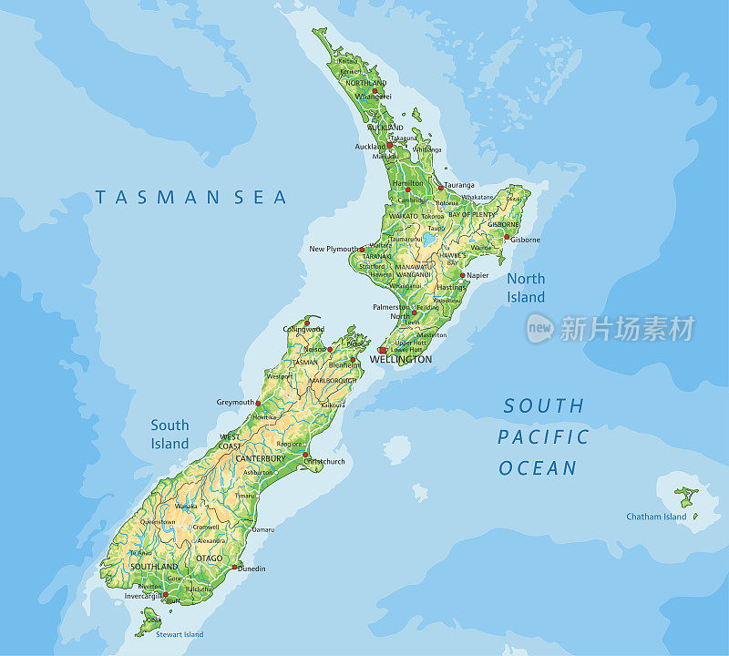 高详细的新西兰物理地图与标签。