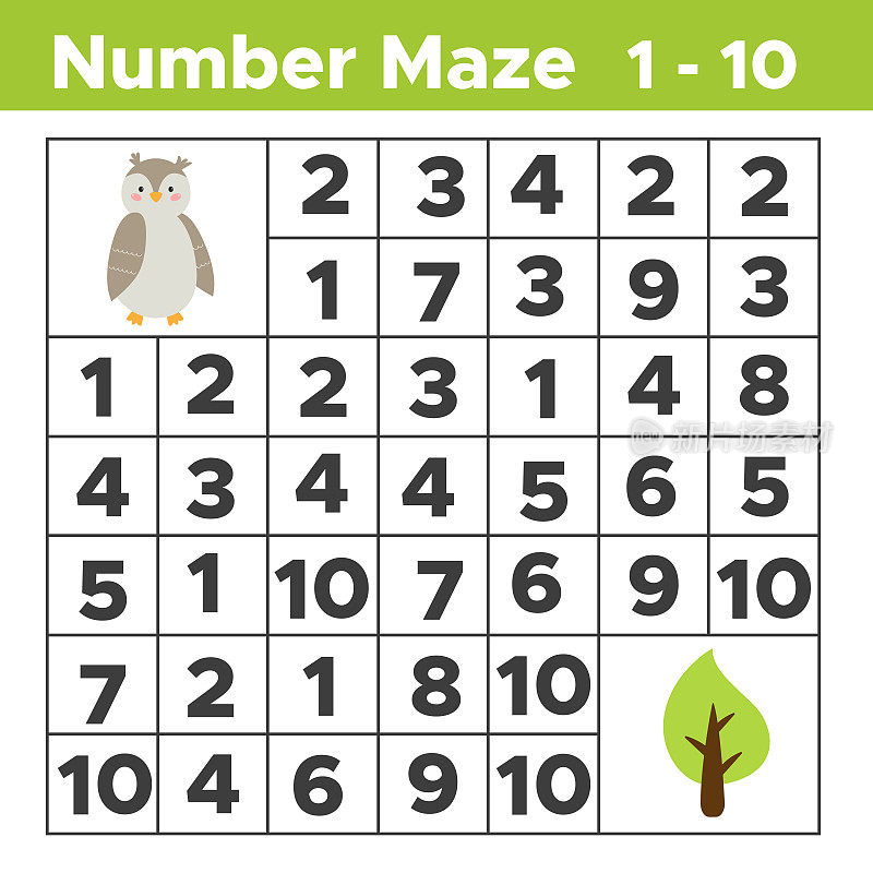 数字迷宫，儿童数学益智游戏。帮助猫头鹰找到一棵树。从一数到十。