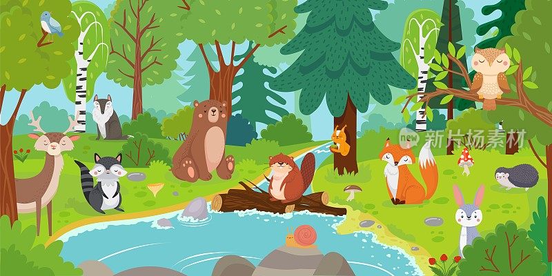 卡通动物森林。野生熊，有趣的松鼠和可爱的小鸟在森林树木儿童矢量背景插图