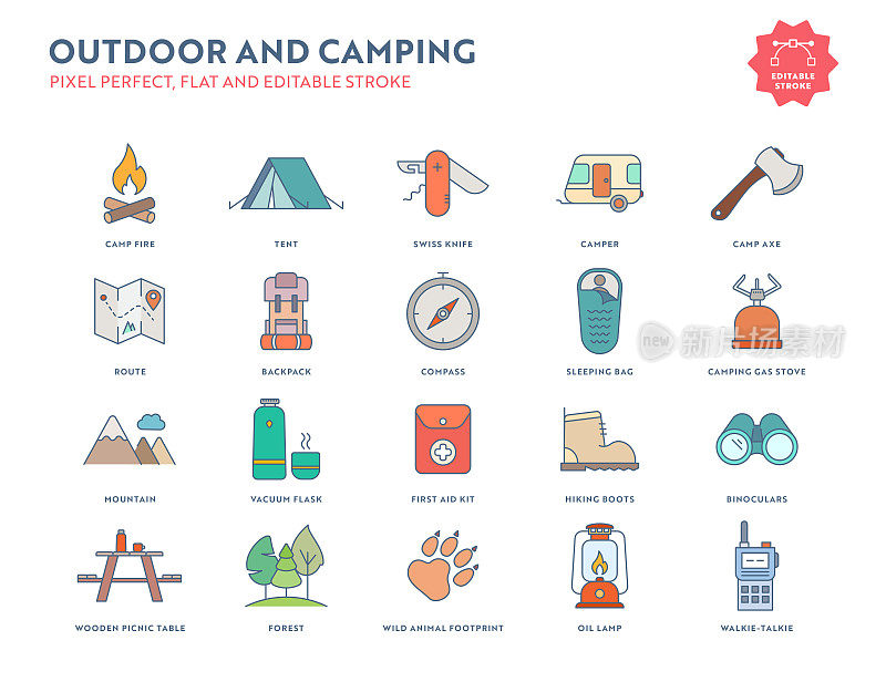 户外和露营平面图标设置可编辑的描边和像素完美。