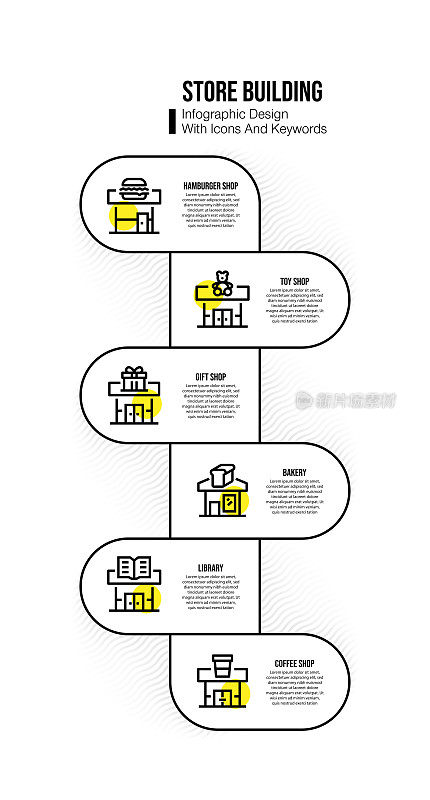 信息图设计模板与商店建筑的关键字和图标