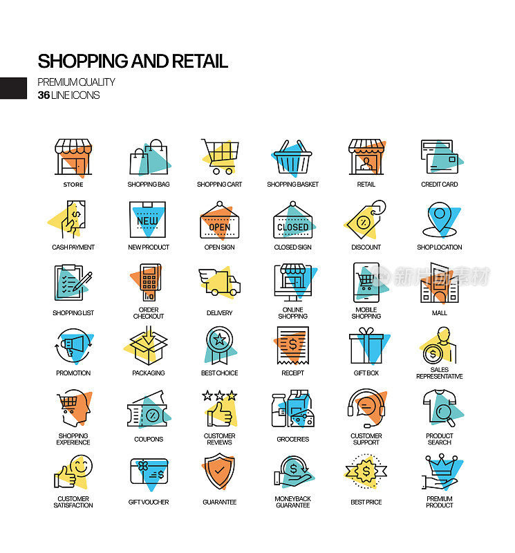 购物和零售相关的聚光灯矢量线图标的简单设置。大纲符号集合。