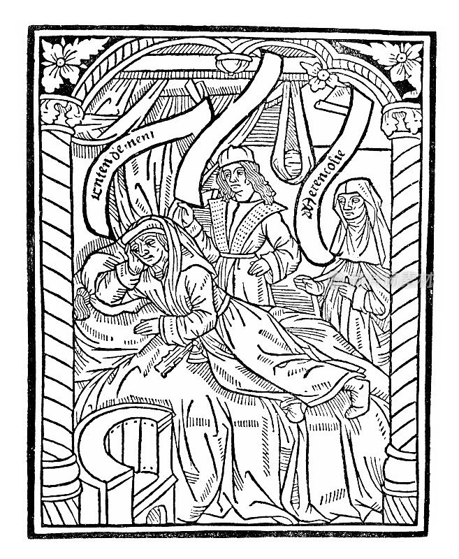 阿兰・查特里耶作品第一版木刻，1489年由巴黎印刷商皮埃尔・勒・巴伦制作。