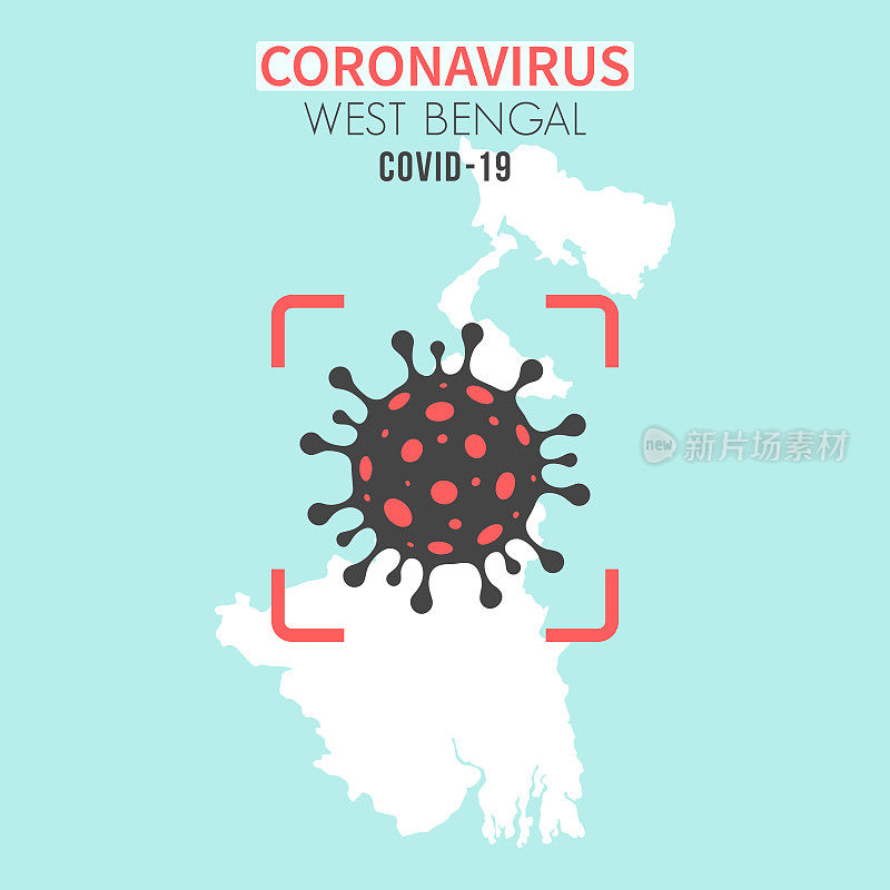 西孟加拉邦地图，红色取景器中有冠状病毒细胞(COVID-19)