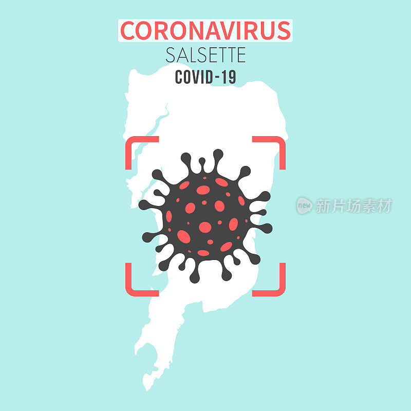 红色取景器上有冠状病毒细胞(COVID-19)的Salsette地图