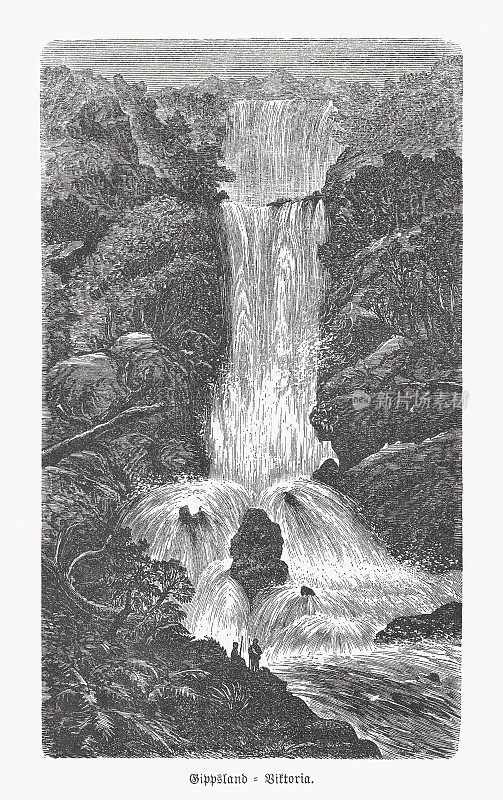 澳大利亚维多利亚吉普斯兰的瀑布，木刻，1893年出版