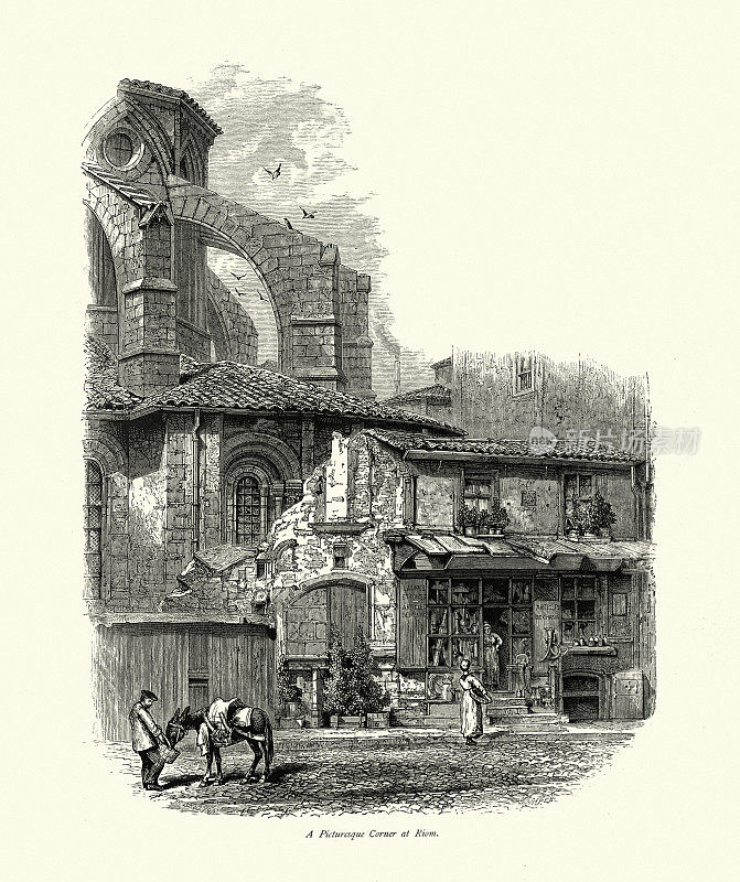 商店和街道场景在Riom，法国，19世纪