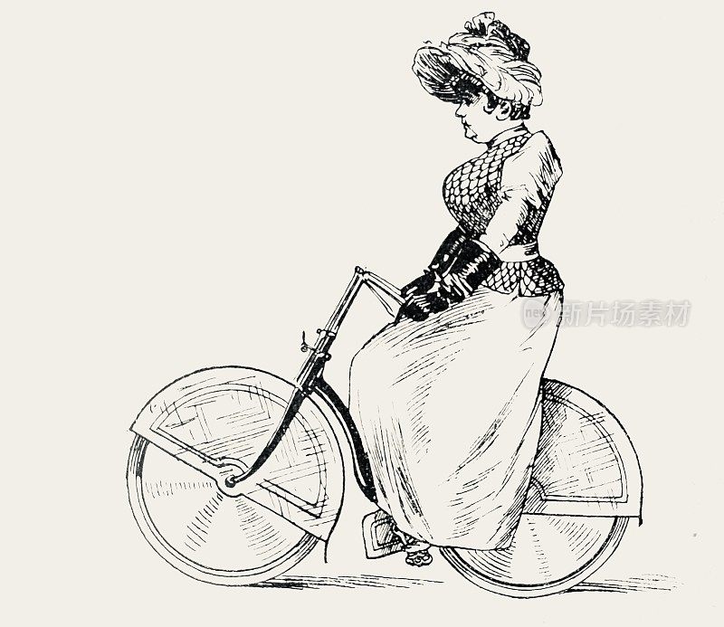 戴着帽子的女人骑着一辆肮脏的自行车，侧视图上的白色背景