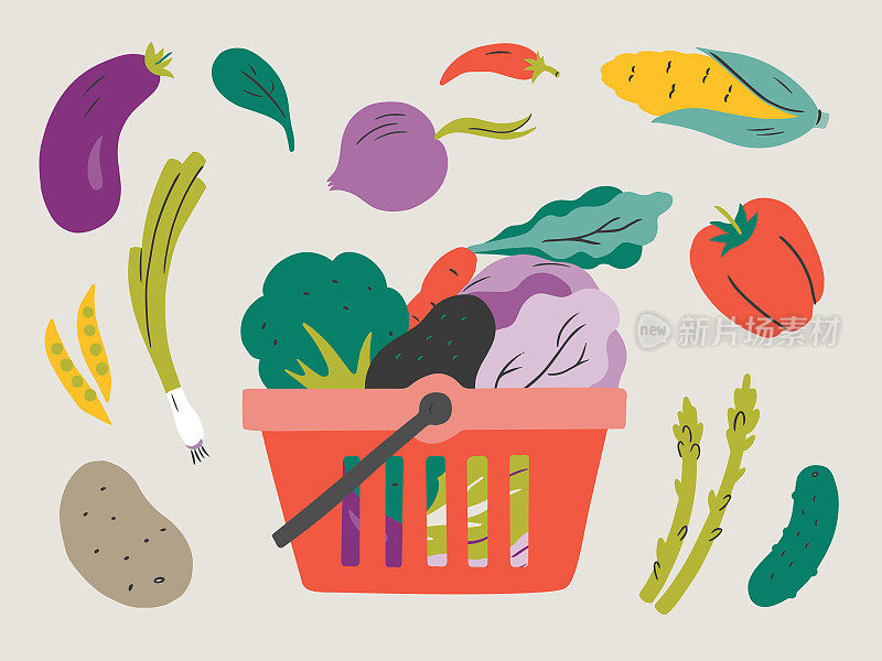 图解新鲜蔬菜在购物篮-手绘矢量元素