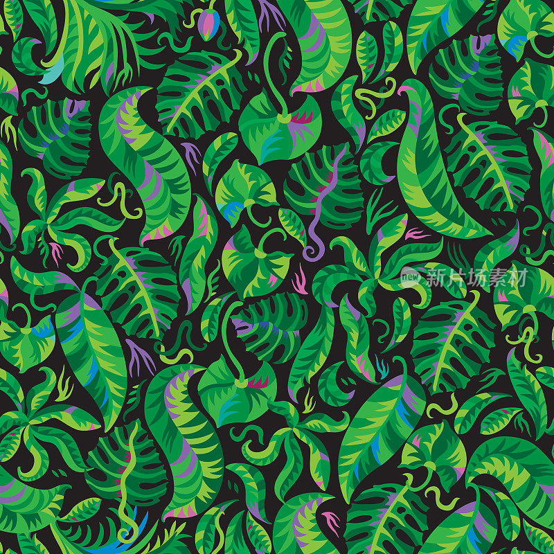 夏威夷植物绘画风格的装饰性花卉无缝图案。明亮梦幻的鸡蛋花，怪物的叶子在黑色的背景。蜡染、热带纺织印花、墙纸、包装纸